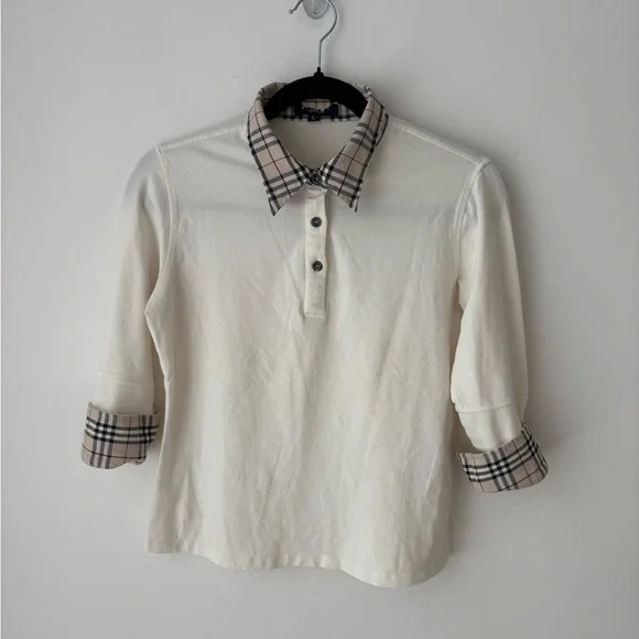 Burberry Blue Label Nova Check Collar Polo Top Cream Cotton Japan Small - Picture 12 of 12